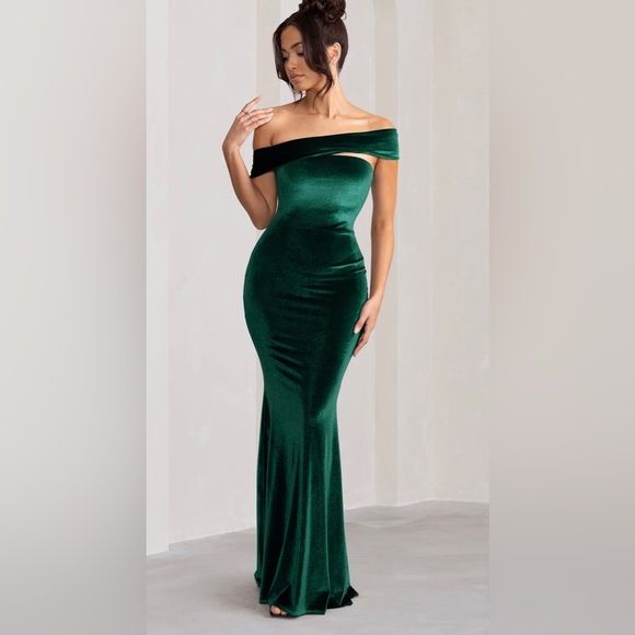 Club L London Dresses & Skirts - Club L London- Candela Bottle Green Velvet Asymmetric Bardot Maxi dress